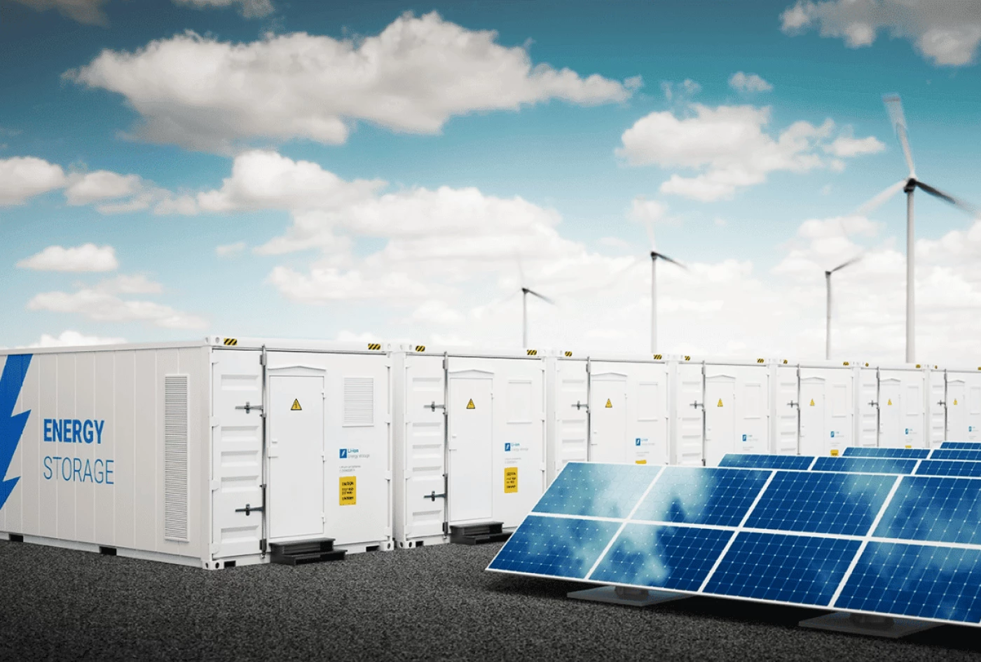 Zonnepanelen, windturbines en batterijen.